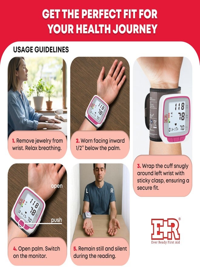 Ever Ready First Aid Fully Automatic Blood Pressure Wrist Cuff Watch Wearable Monitor for Home Use - Pink- Batteries Included - Image 5