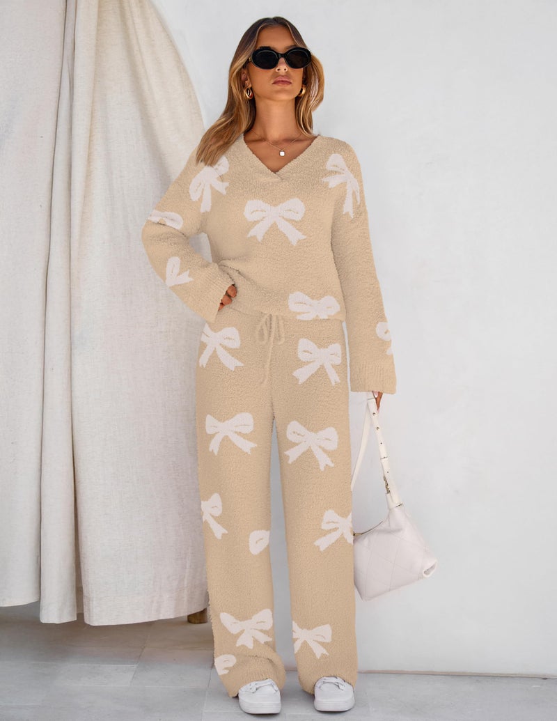 MEROKEETY Women's 2 Piece Outfits Fuzzy Fleece Pajama Set Long Sleeve Top Wide Leg Pants Loungewear, Bowkhaki, Large - Image 2