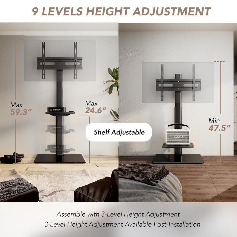 AX WABER Universal Floor TV Stand with Mount 70 Degree Swivel 9 Level Height Adjustable and Space Saving Design for Most 27 to 65 inch LCD, LED OLED TVs One Shelf - Image 3