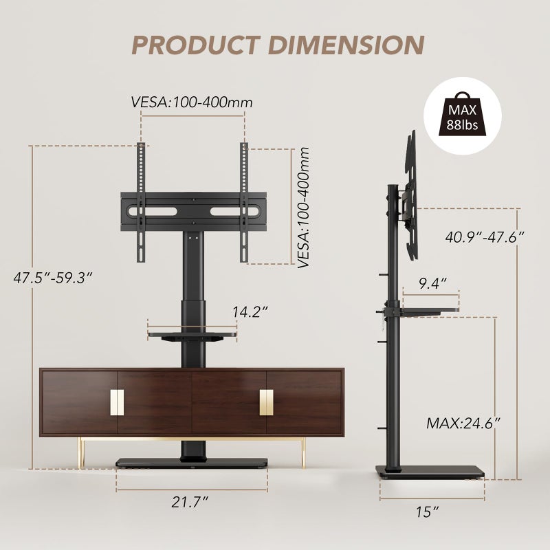 AX WABER Universal Floor TV Stand with Mount 70 Degree Swivel 9 Level Height Adjustable and Space Saving Design for Most 27 to 65 inch LCD, LED OLED TVs One Shelf - Image 5