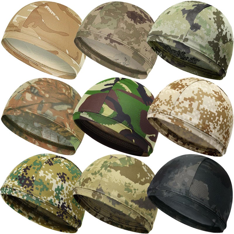 Jeere 9 Pcs Cooling Skull Cap Camo Liner Sweat Wicking Lightweight Cycling Cap Running Head hat for Men Women(Camouflage,Olive) - Image 1