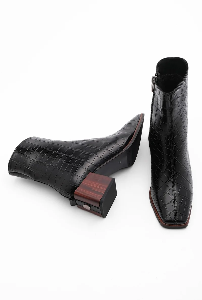 MARJIN Margin Women's Heeled Boots Blunt Toe Wooden Heel Zippered Sayen
