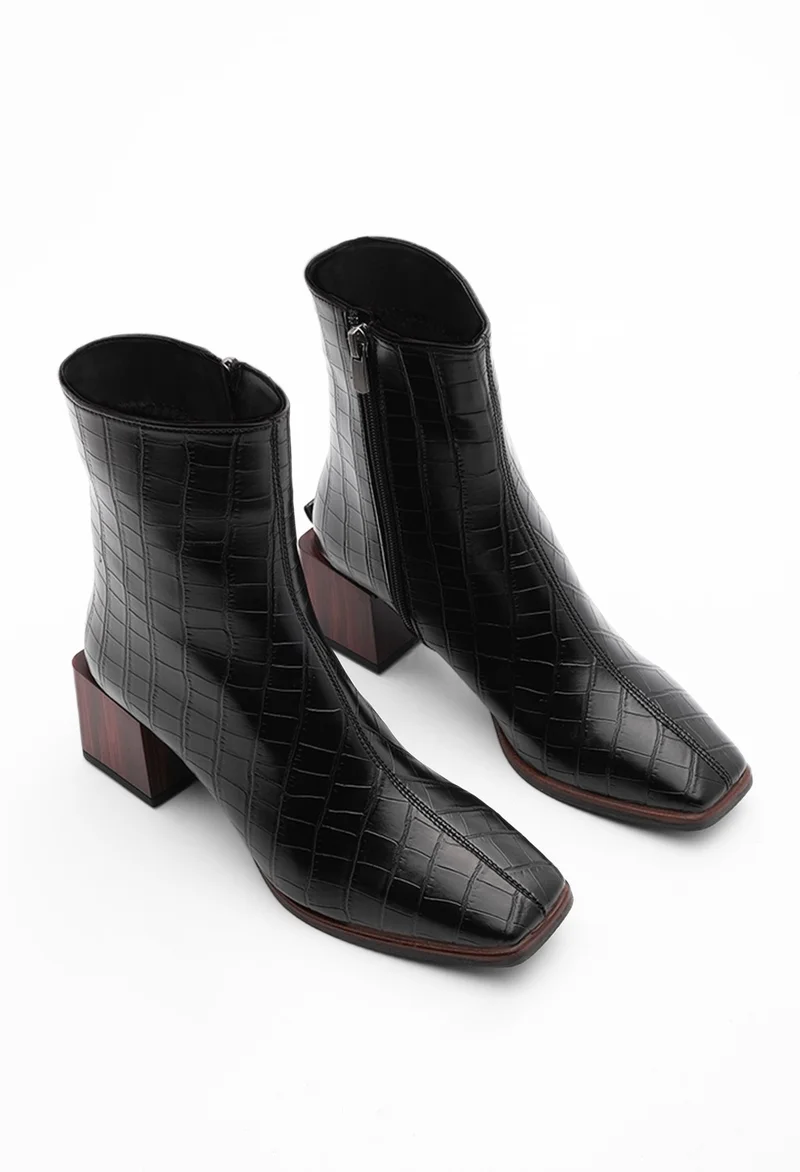 MARJIN Margin Women's Heeled Boots Blunt Toe Wooden Heel Zippered Sayen