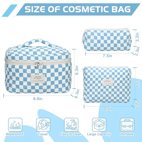 TESAFNG Quilted Makeup Bag Set 3 PCS Cute Floral Cotton Makeup Bag Large Coquette Aesthetic Make up Cosmetic Bag Flower Travel Toiletry Organizer Bags for Women Girls Checkered Blue - Image 3