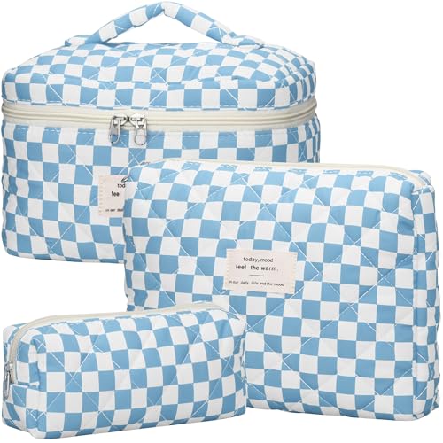 TESAFNG Quilted Makeup Bag Set 3 PCS Cute Floral Cotton Makeup Bag Large Coquette Aesthetic Make up Cosmetic Bag Flower Travel Toiletry Organizer Bags for Women Girls Checkered Blue - Image 1