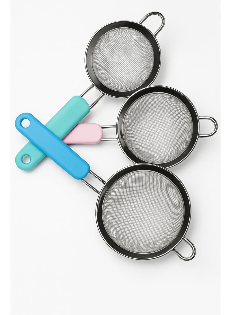 3-Piece Stainless Steel Fine Mesh Strainer Set with Colorful Handles – Kitchen Sieve for Tea, Flour, Juice & More 