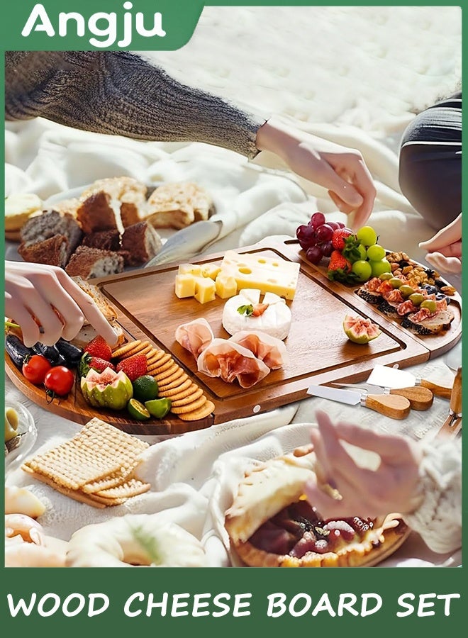 انججو مجموعة كبيرة من الجبن خشب أكاسيا - 3 جزء فريد طويل ومستدير - لوحات Charcuterie المغناطيسية وملوحات Charcuterie مجموعة هدية - علبة خشبية تخدم لوحة القطع (33 * 60 سم) - Image 4