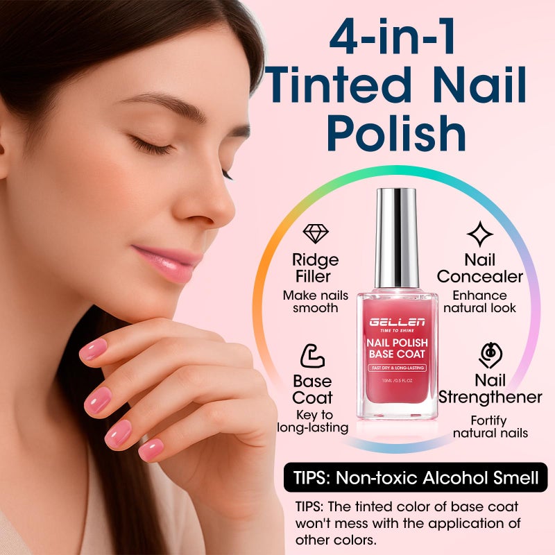 GELLEN 4â€‘inâ€‘1 Clear Nail Polish Base Coat Sheer Tinted Red, Ridge Filler, Nail Strengthener & Concealer, Calcium Formula Strengthen Nails, Natural Color Enhance Natural Look, HEMA Free, Anti Yellow - Image 3