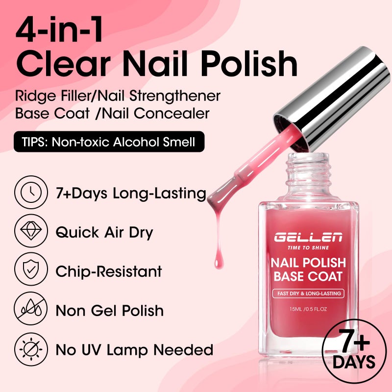 GELLEN 4â€‘inâ€‘1 Clear Nail Polish Base Coat Sheer Tinted Red, Ridge Filler, Nail Strengthener & Concealer, Calcium Formula Strengthen Nails, Natural Color Enhance Natural Look, HEMA Free, Anti Yellow - Image 2
