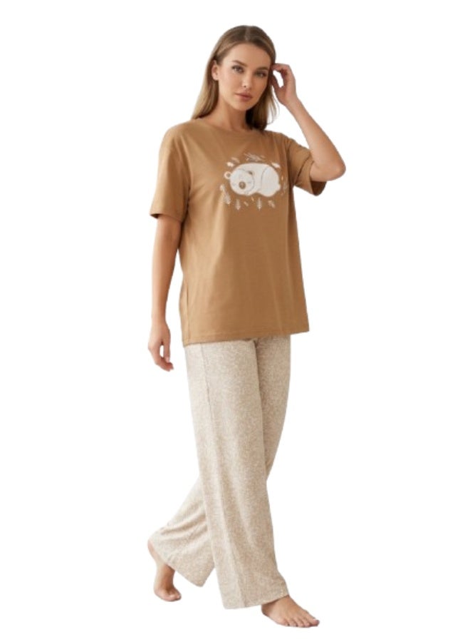 Women's cotton two-piece pajama set with wide-leg pants for comfortable wear - women's loungewear in various styles - Image 1