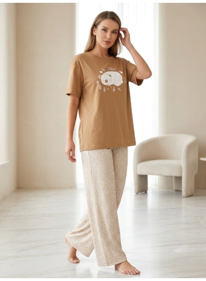 Women's cotton two-piece pajama set with wide-leg pants for comfortable wear - women's loungewear in various styles - Image 5