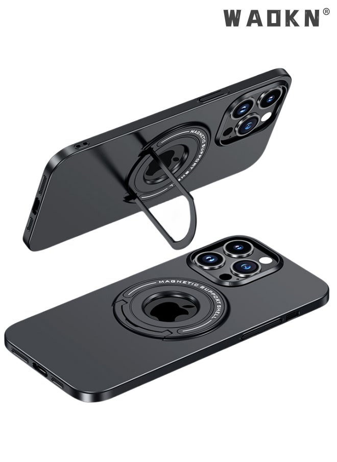 WAOKN Luxury Magnetic Case For iPhone 15 Pro With Mobile Phone Holder Hide Stand Hard Cover Black  - Image 1