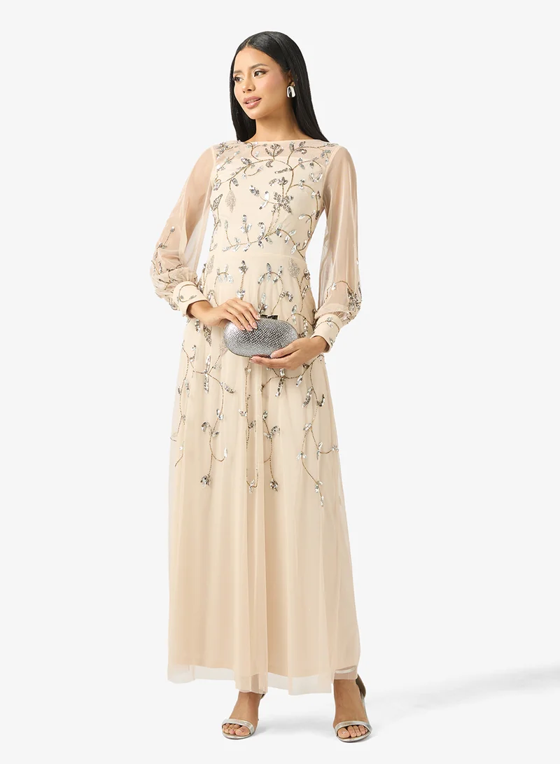 Puff Sleeve Mesh Detailed Maxi Dress