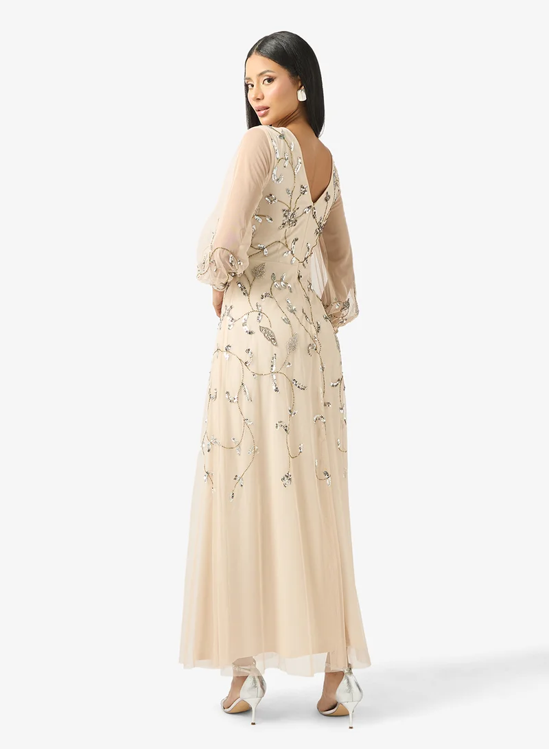 Frock and Frill Puff Sleeve Mesh Detailed Maxi Dress