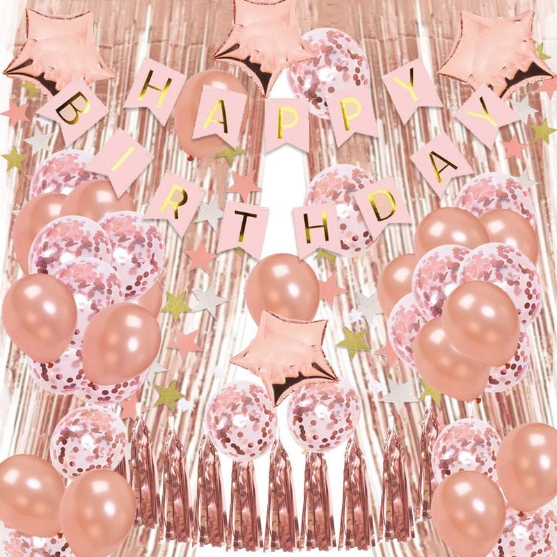 Finypa Rose Gold Birthday Decorations for Women 2pcs Foil Fringe Curtains,Pink Happy Birthday Banner,Princess Birthday Decorations for Girls16th 18th 20th 30th Birthday Party Supplies - Image 1
