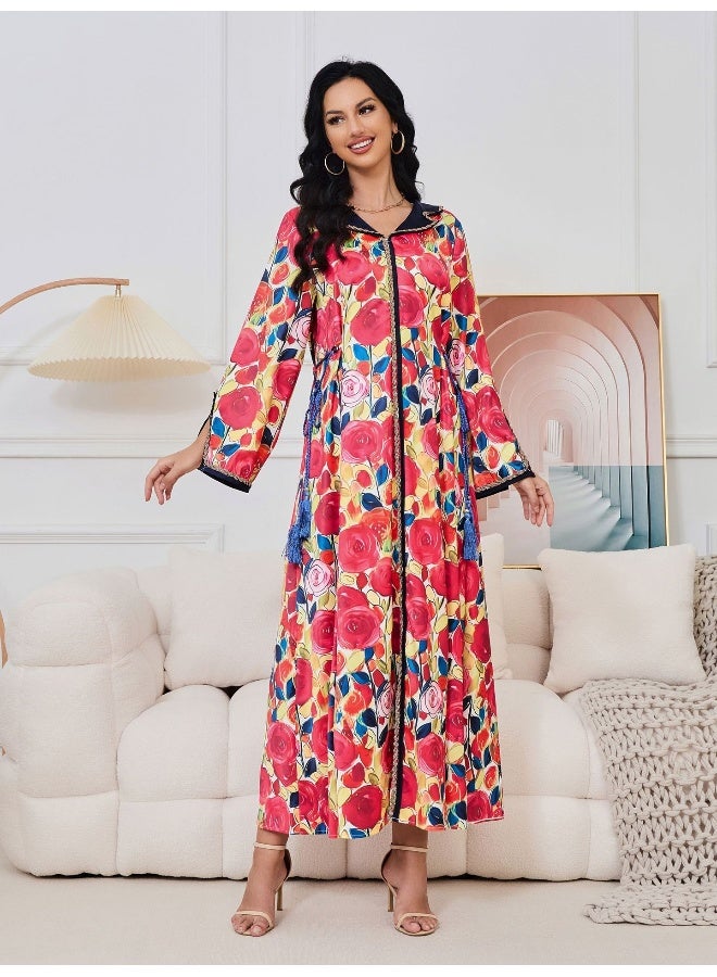 مدام يونيك فستان طويل بأكمام طويلة مزخرف للأعياد الإسلامية باللون الأحمر - Image 3