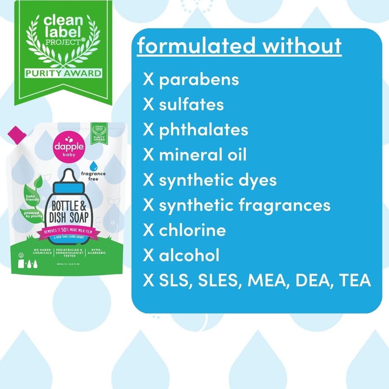 dapple Baby Bottle Soap, Hypoallergenic Dish Soap for Baby Bottles, Powered by Plants, Fragrance Free, 34 Fl Oz (Pack of 2) - Image 3