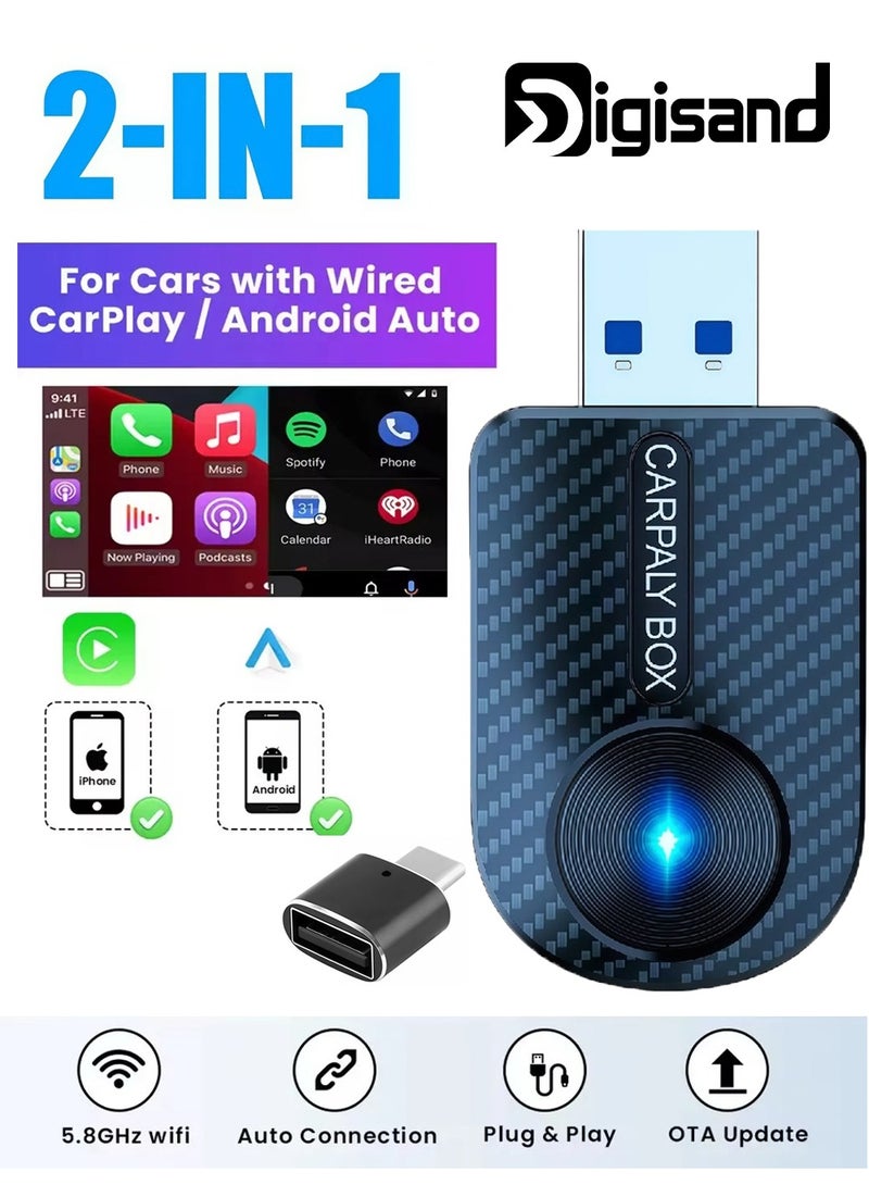 ديقيساند محول لاسلكي 2 في 1 لـ Apple CarPlay و Android Auto - دونجل صغير مطور لعام 2026 مزود بمنفذ USB-C، يعمل بمجرد التوصيل، يحول النظام السلكي الأصلي إلى نظام لاسلكي بسلاسة، اتصال تلقائي سريع بدون تأخير للسيارات موديل 2016 وما بعدها - Image 1
