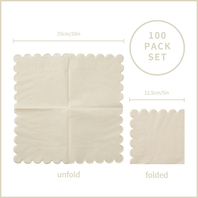 BEFORYOU 100 Pack Cocktail Napkin 2-Ply Scalloped Edged Dessert Napkins Folded 5 x 5 Inches Disposable Napkins for Dinner Wedding Birthday Party Bridal Anniversary Reception Event (Milky-White) - Image 2