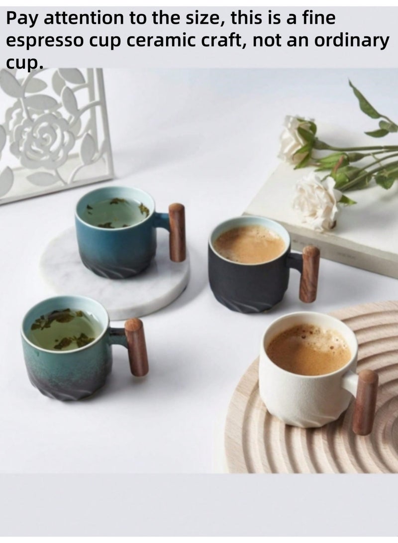 2pcs mini espresso cups 70ml with ceramic wooden handles (blue and green), gradient glaze tea cups, turkish coffee,latte and cappuccino mugs, Japanese-style porcelain mini coffee cups with wooden handles, small ceramic tea cups. - Image 1