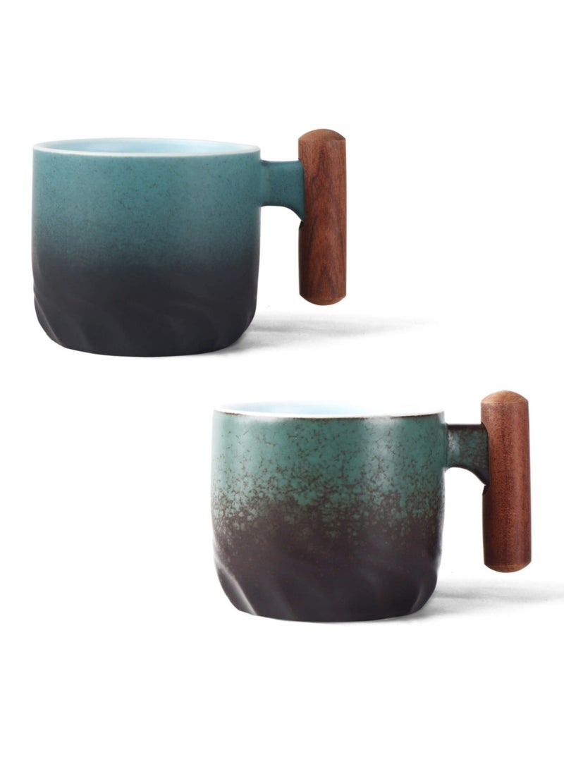 2pcs mini espresso cups 70ml with ceramic wooden handles (blue and green), gradient glaze tea cups, turkish coffee,latte and cappuccino mugs, Japanese-style porcelain mini coffee cups with wooden handles, small ceramic tea cups. - Image 2