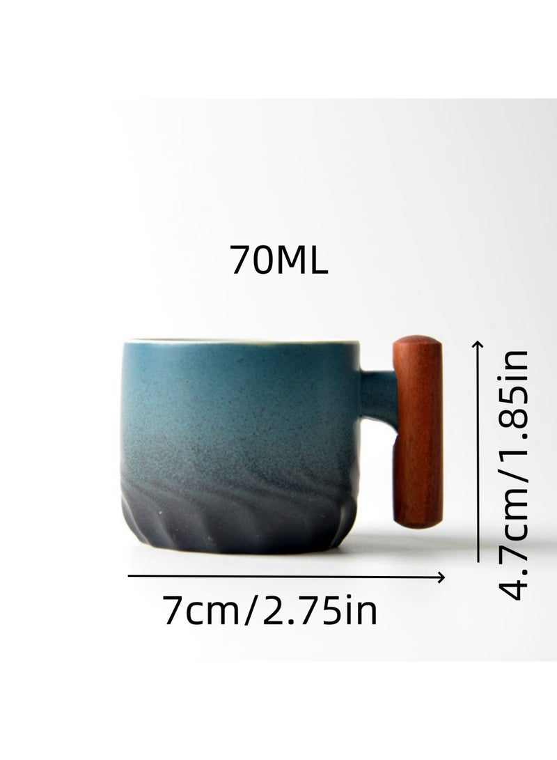2pcs mini espresso cups 70ml with ceramic wooden handles (blue and green), gradient glaze tea cups, turkish coffee,latte and cappuccino mugs, Japanese-style porcelain mini coffee cups with wooden handles, small ceramic tea cups. - Image 4