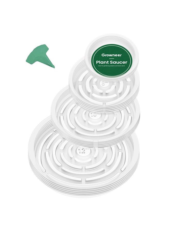 GROWNEER 24 Pack of 6, 8, 10, 12 Inches Clear Plant Saucers Flower Pot Trays, with 15 Pcs Plant Labels, Plastic Plant Drip Trays for Indoor Outdoor Plants Garden, Assorted 4 Sizes, 6pcs of Each Size - Image 1