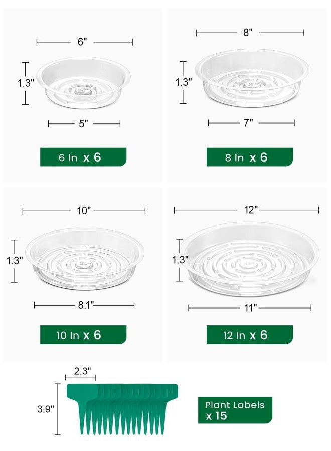 GROWNEER 24 Pack of 6, 8, 10, 12 Inches Clear Plant Saucers Flower Pot Trays, with 15 Pcs Plant Labels, Plastic Plant Drip Trays for Indoor Outdoor Plants Garden, Assorted 4 Sizes, 6pcs of Each Size - Image 2