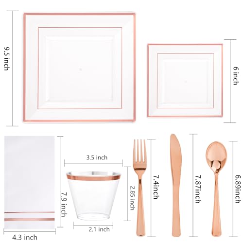 Festiva 350Pcs Rose Gold Plastic Plates - Clear Rose Gold Disposable Dinnerware Sets for 50Guests include 100 Plates 50 Cups 50Plastic Cutlery 50Napkins for Christmas Party&Wedding&Mother's Day - Image 2