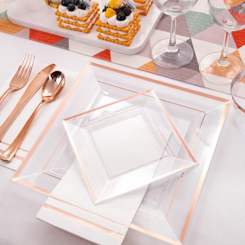 Festiva 350Pcs Rose Gold Plastic Plates - Clear Rose Gold Disposable Dinnerware Sets for 50Guests include 100 Plates 50 Cups 50Plastic Cutlery 50Napkins for Christmas Party&Wedding&Mother's Day - Image 4