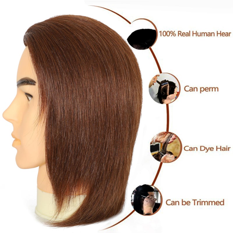 simnient Male mannequin Head 12"Barber Training Head with 100% Real Human Hair,Hairdresser training Doll manikin Head for Practicing Haircut Hair Styling With Clamp Stand - Image 2