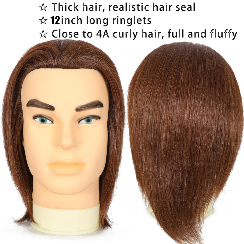 simnient Male mannequin Head 12"Barber Training Head with 100% Real Human Hair,Hairdresser training Doll manikin Head for Practicing Haircut Hair Styling With Clamp Stand - Image 3