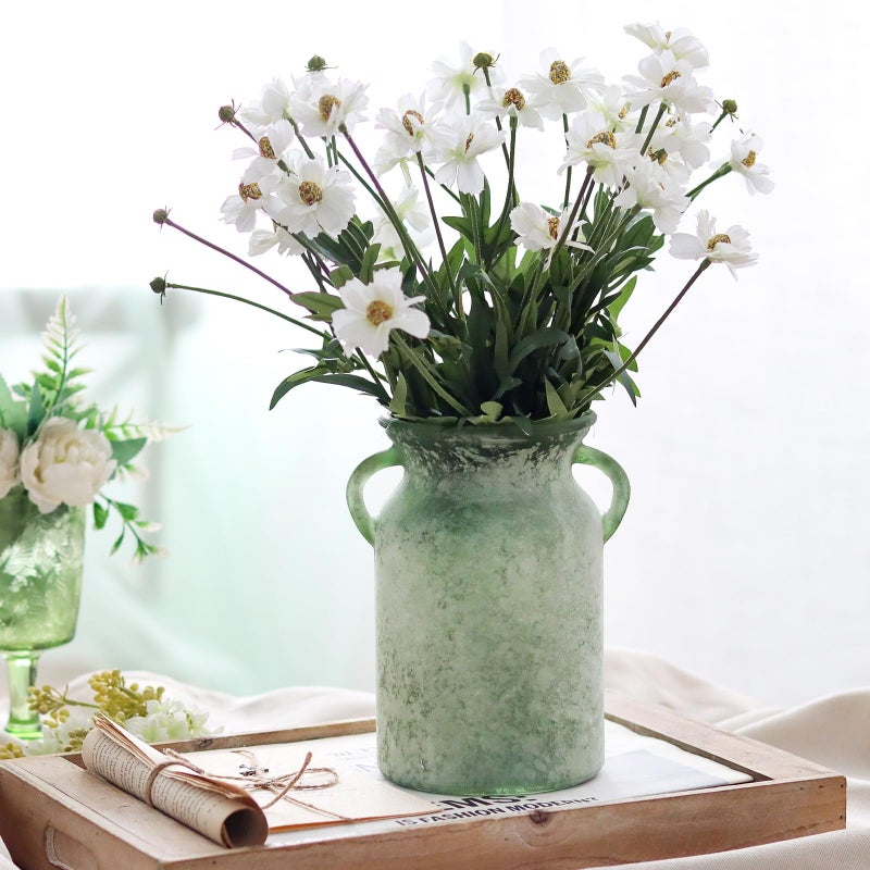 SHMILMH Glass Flower Vase with Handle â€“ 8 Inches Rustic Imitation Ceramic Vase for Flowers, Vintage White Green Centerpiece Decor for Farmhouse, Modern Home, Table & Holiday Decorations - Image 2