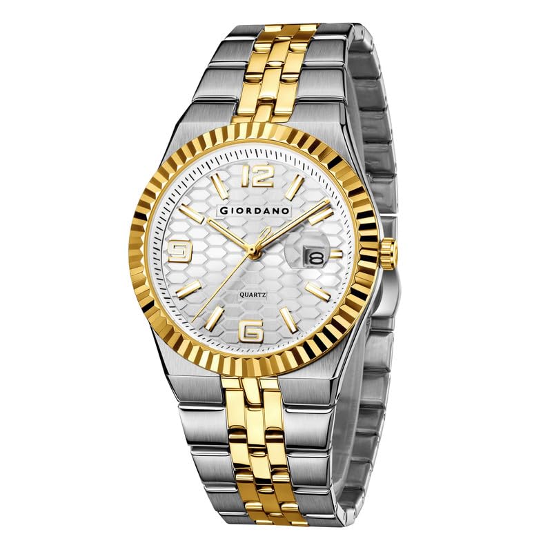 Giordano Analog Watch for Men with Honeycomb Dial, Fluted Bezel, Stainless Steel Strap, Date Window & Luminous Hour Markers - GZ-50172-22 - Image 1