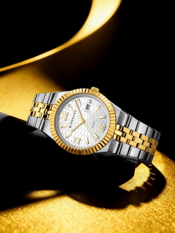 Giordano Analog Watch for Men with Honeycomb Dial, Fluted Bezel, Stainless Steel Strap, Date Window & Luminous Hour Markers - GZ-50172-22 - Image 5