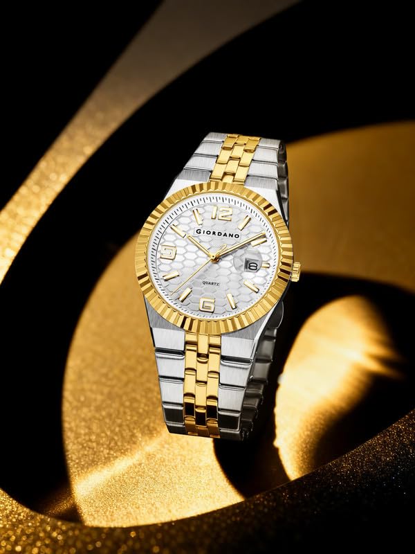 Giordano Analog Watch for Men with Honeycomb Dial, Fluted Bezel, Stainless Steel Strap, Date Window & Luminous Hour Markers - GZ-50172-22 - Image 4