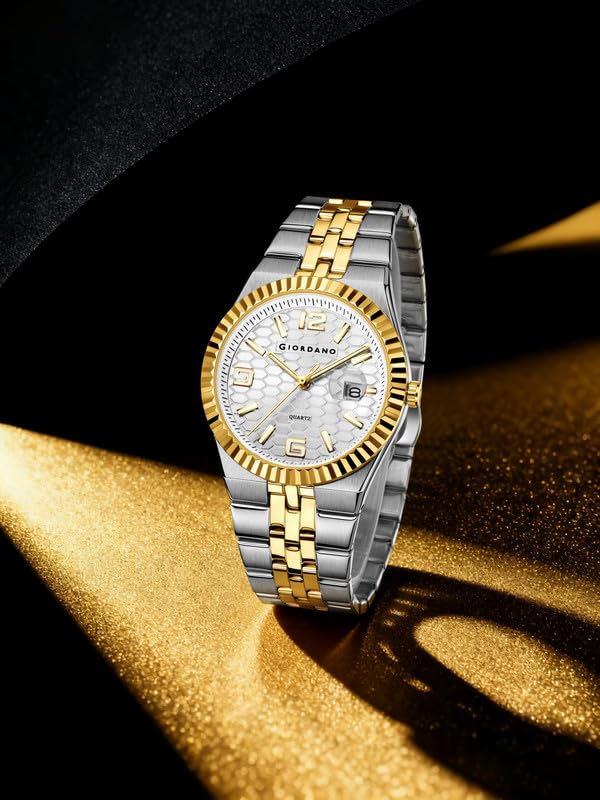 Giordano Analog Watch for Men with Honeycomb Dial, Fluted Bezel, Stainless Steel Strap, Date Window & Luminous Hour Markers - GZ-50172-22 - Image 3