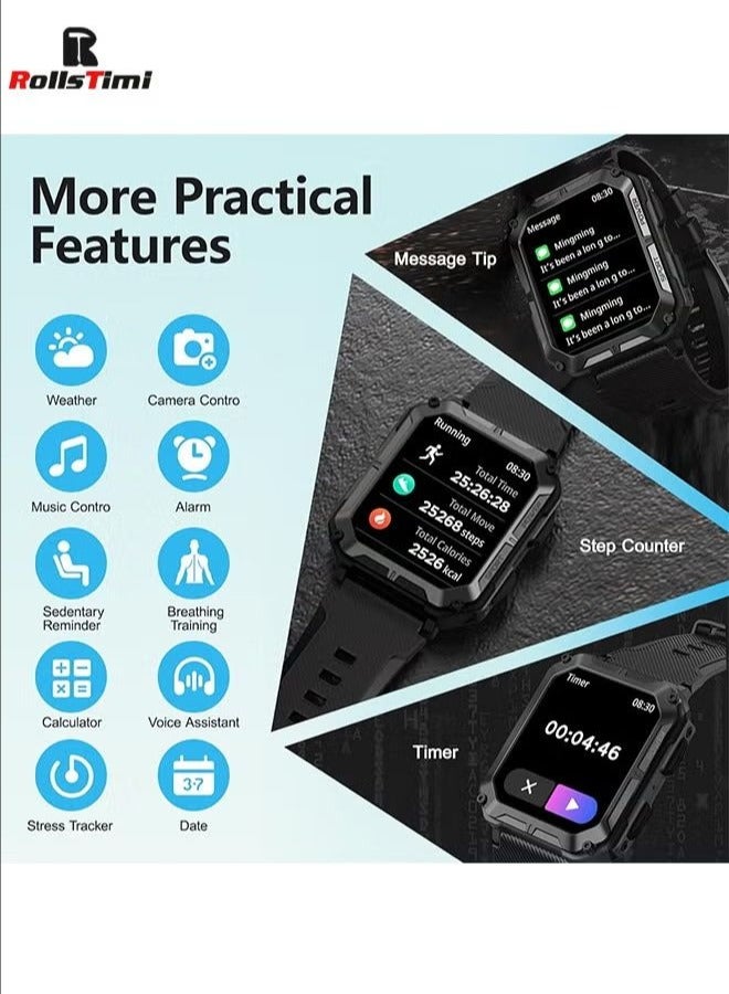 رولستيمي ساعة ذكية للرجال 1.83 بوصة عالية الوضوح في الهواء الطلق التكتيكية وعرة ساعة ذكية ، معدل ضربات القلب النوم رصد اللياقة البدنية تتبع ساعة. - Image 2