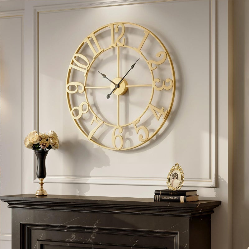Cuspin Large Wall Clock 30 Inch, Decorative Gold Clocks Silent Non Ticking Battery-Operated for Living Room Kitchen Mantel Decor, Metal Round Modern Wall Clocks Arabic Numerals - Image 1