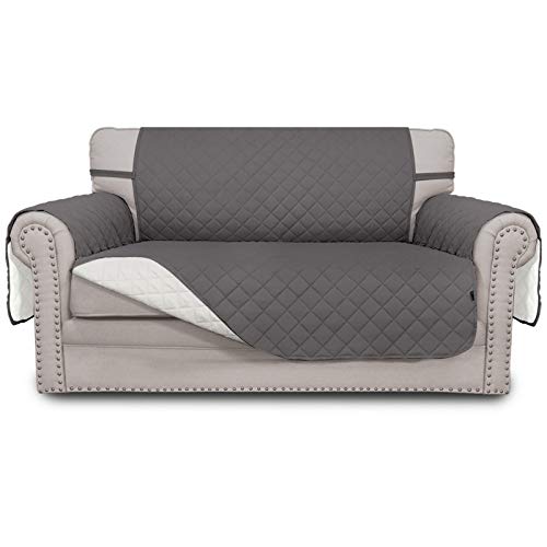 EasyGoing Reversible Loveseat Couch Cover for 2 Cushion Couch Sofa Cover for Dogs Water Resistant Furniture Protector with Foam Sticks Elastic Straps for Pet Loveseat GrayIvory