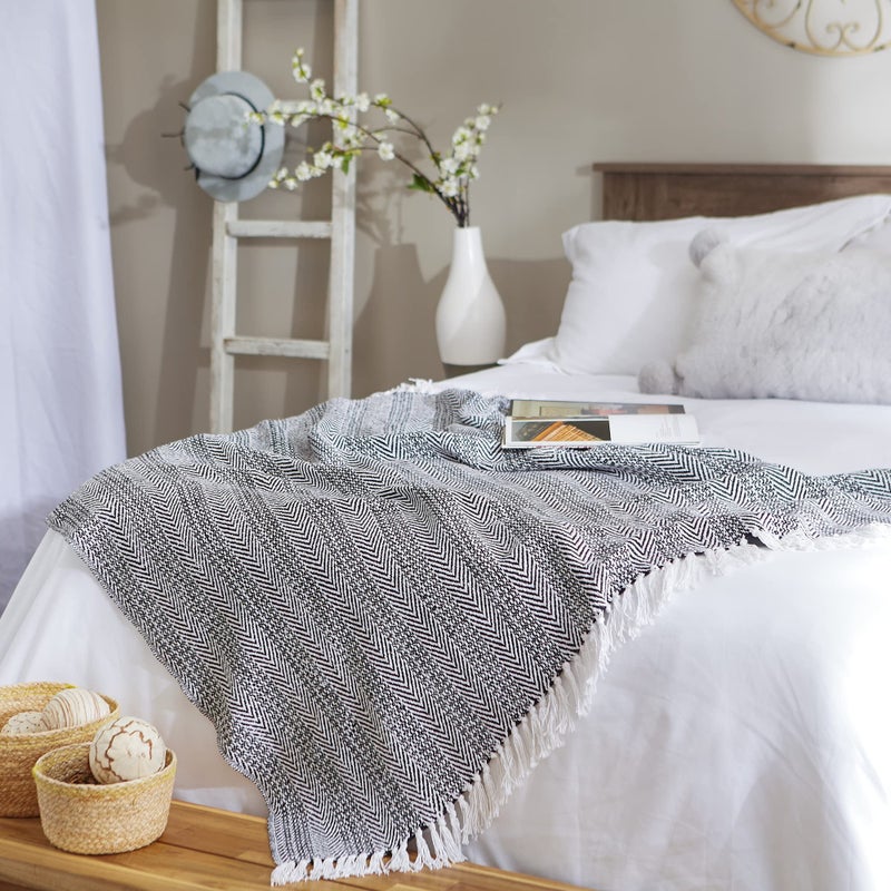 DII Herringbone Striped Collection Cotton Throw Blanket, 50x60, Black - Image 4