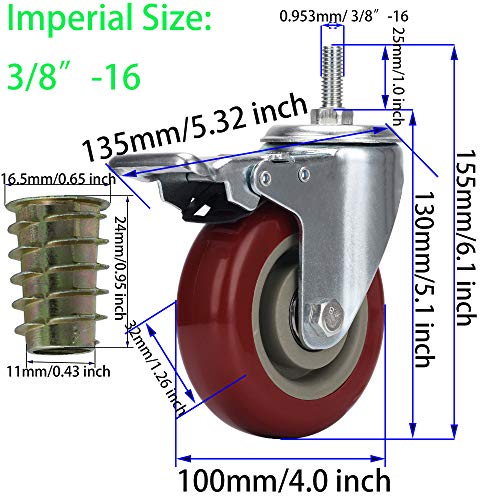 DICASAL 4 Inch Heavy Duty Stem Casters 360 Degree Swivel Durable Wheels Castors with Imperial Size 3/8"-16x1 Threads Dual Safety Locks and Bearings Easy to Install for Furniture and DIY Tools - Image 3