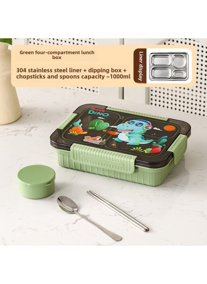 Generic Factory Direct 304 Stainless Steel Lunch Box Cartoon Student Lunch Box Can Enter The Microwave Oven Sealed Compartment Lunch Box-Specifications:Green Music Dragon [with Chopsticks And Spoons + Sauce Dish]-Color:1000ml Four Grids  - Image 1
