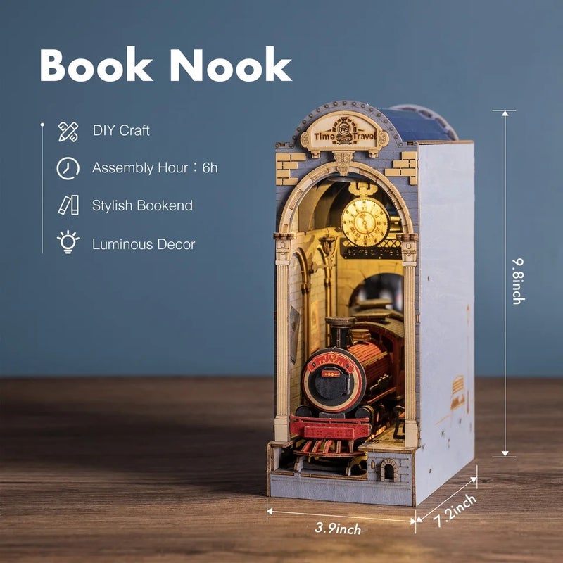 رولايف بيت دمى Rolife DIY Book Nook Kit Time Travel Bookend 3D Puzzle Model Building Kit with LED for Bookshelf Decor Gift for Book Lover Adult - Image 3
