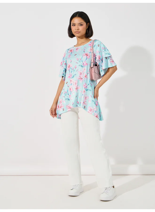 Aria Romance ARIA ROMANCE Floral Print Asymmetric Hem Top