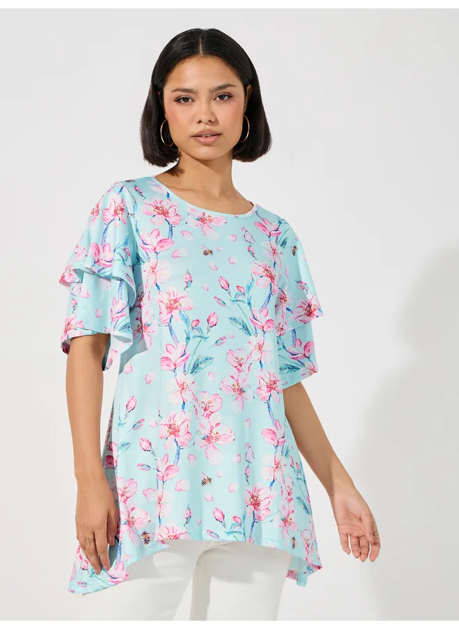 Aria Romance ARIA ROMANCE Floral Print Asymmetric Hem Top