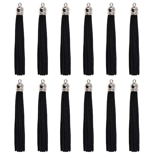 PPhtony 12Pcs Keychain Tassels 33 inch Small Faux Leather Tassel Pendant for Earring Necklace Jewelry Making and Crafts DIY 85 cm Black - Image 1