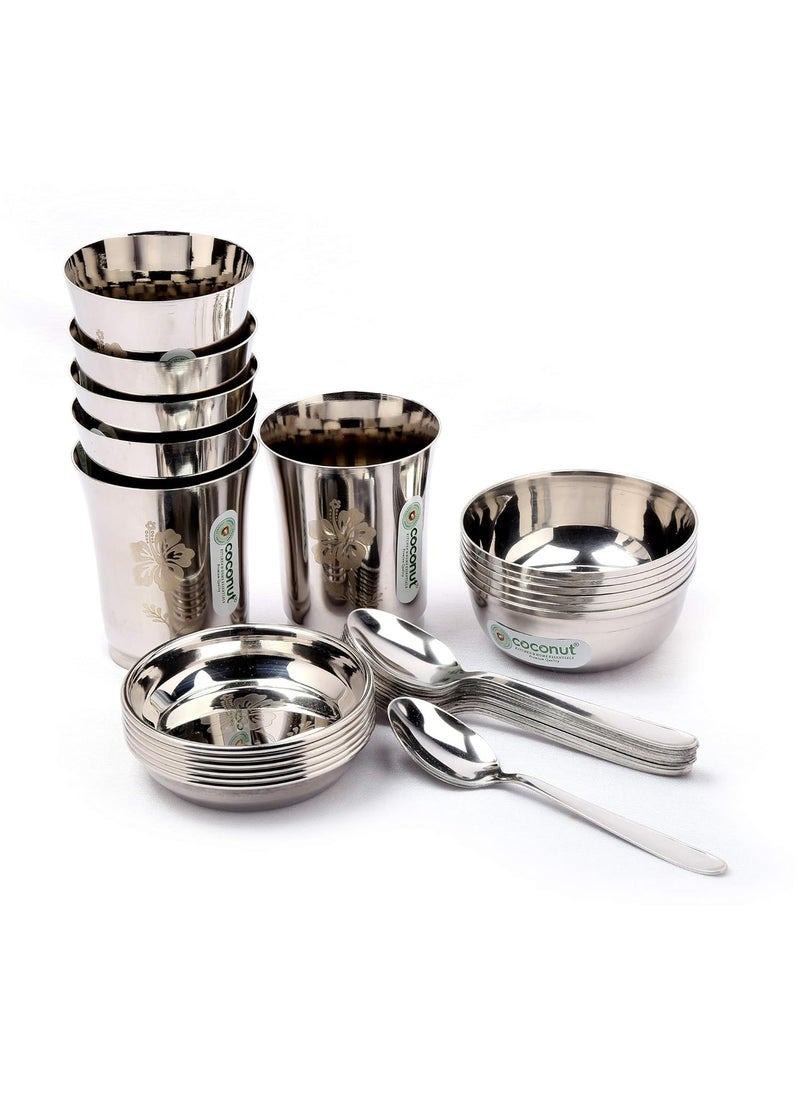 Coconut - Coconut Stainless Steel (Heavy Guage) Mirror Finish with Laser Etchhing Design Super Platina Dinner Set/Dinnerware- Family Pack of 30 Pieces Dinner Set - Image 1