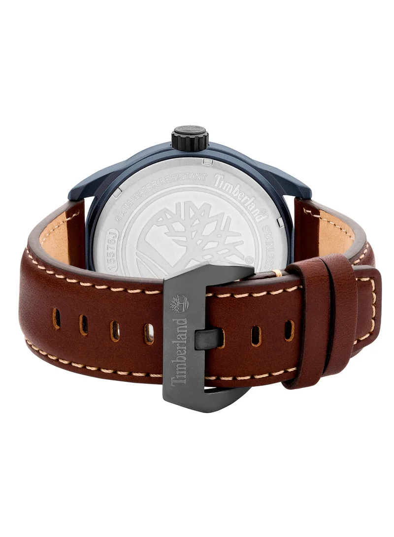 تمبرلاند ساعة يد رجالية بعقارب وسوار جلد بني وميناء أزرق
