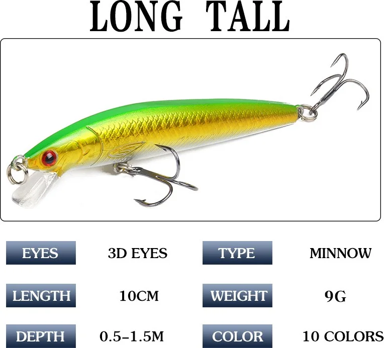 Valkyrie 10 Pieces 10CM 9gr Minnow Fake Fishing Rod Bait Set Rapala 1m Depth 10 Different Colors Carbon Steel Needle